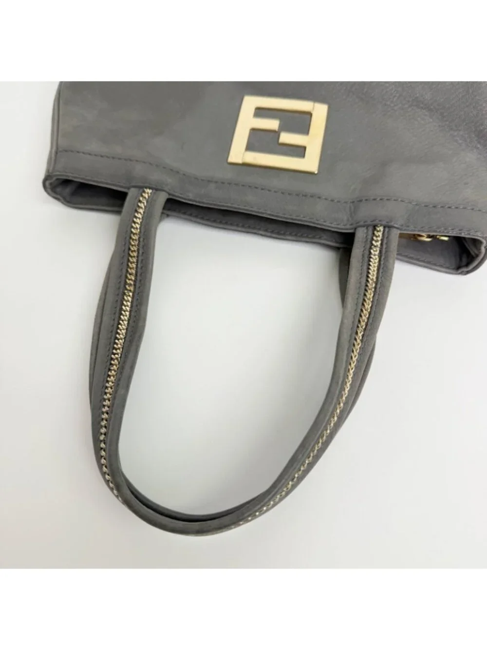 Fendi Nubuck FF Chain Tote Bag Leather Gray Gold Vintage